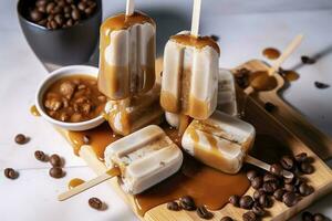 Tapioka latte popsicles. Frozen tapioca boba balls coffee frappe, ice cream lollypops made with asian cold tapioca coffee, with coconut cream and caramel sauce, generate ai photo