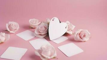 Blank circular platform for product presentation with paper roses on pink background copy space vertical photo, generate ai photo