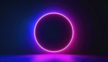 3d render, blue pink neon round frame, circle, ring shape, empty space, ultraviolet light, 80s retro style, fashion show stage, abstract background, generate ai photo