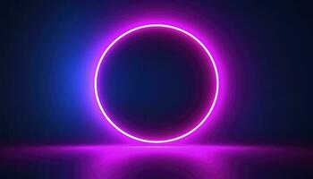 3d render, blue pink neon round frame, circle, ring shape, empty space, ultraviolet light, 80s retro style, fashion show stage, abstract background, generate ai photo