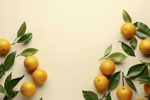 Whole orange yellow tangerines with green leaves on pastel beige background, copyspace. Citrus fruits mandarines as minimal food frame background, empty space, above view, generate ai photo