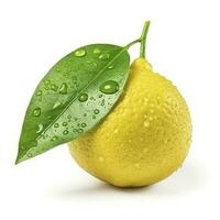 Citrus Lemon leaf with water drops isolated on white background, generate ai photo