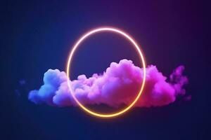 3d render, abstract cloud illuminated with neon light ring on dark night sky. Glowing geometric shape, round frame, generate ai photo