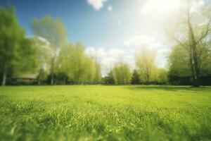 Beautiful blurred background image of spring nature with a neatly trimmed lawn surrounded by trees against a blue sky with clouds on a bright sunny day, generate ai photo