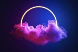 3d render, abstract cloud illuminated with neon light ring on dark night sky. Glowing geometric shape, round frame, generate ai photo