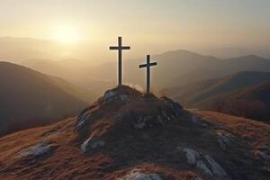 Three cross on the mountain with sun light, belief, faith and spirituality, crucifixion and resurrection of Jesus Christ at Easter, photo