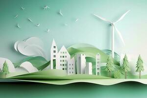 papel arte, renovable energía con verde energía tal como viento turbinas, renovable energía por 2050 carbón neutral energía, energía consumo, y co2, reducir co2 emisión concepto, generar ai foto