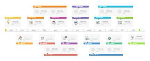 plantilla infográfica para negocios. Calendario de diagrama de línea de tiempo moderno de 12 meses con diagrama de Gantt, infografía de vector de presentación.