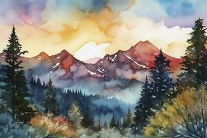 Paint a watercolor landscape of a mountain range with snow-capped peaks, featuring a vibrant sunset sky and intricate details of rocks and trees, generate ai photo