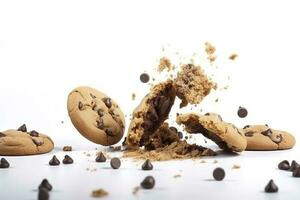 Tasty chocolate chip cookies falling isolated on white background, generate ai photo