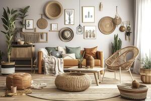 Stylish and modern boho inspired living room with carpet, rattan furniture, pillows, plants, photo wall decoration and personal accessories. Natural home decor, boho room interior, image