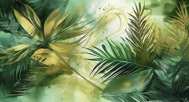 Tropical foliage watercolor background vector. Summer botanical design with gold line art, palm leaves, green watercolor texture. Luxury tropical illustration for banner, generate ai photo