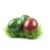 Easter eggs in green grass isolated on white background, generate ai photo