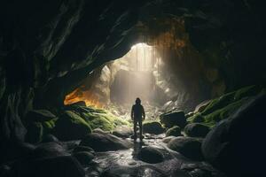 aventurero en un cueva, generar ai foto