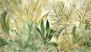 Tropical foliage watercolor background vector. Summer botanical design with gold line art, palm leaves, green watercolor texture. Luxury tropical illustration for banner, generate ai photo