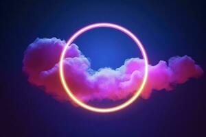 3d render, abstract cloud illuminated with neon light ring on dark night sky. Glowing geometric shape, round frame, generate ai photo