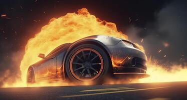 3d representación, Deportes coche carreras en carrera pista con el fuego incendio, coche rueda a la deriva, generativo ai foto