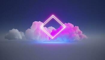 3d render, abstract minimal background with pink blue yellow neon light square frame with copy space, illuminated stormy clouds, glowing geometric shape, generate ai photo