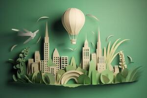 Paper cut of light bulb with green eco city , Renewable energy by 2050 Carbon neutral energy or greenhouse gas emission CO2 , Save energy creative idea concept , photo