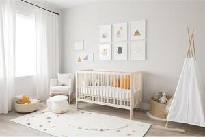 Modern minimalist nursery room in scandinavian style. Baby room interior in light colours, image photo