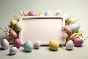 Colorful Easter Eggs with white frame copy space , photo