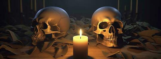 Artificial skull and candlestick on wooden layer on black background, generate ai photo