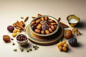 Eid al-Fitr holiday concept with sweet dried dates, fruits and decorations on bright background. Top view from above, generate ai photo