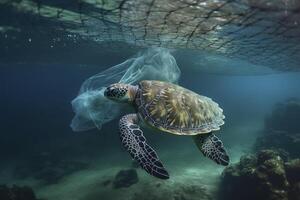 AI illustration of a turtle caught with fishing net. The concept of environmental protection. Sea, ocean turtle need to be freed from fishing nets. No to Dead turtles. photo