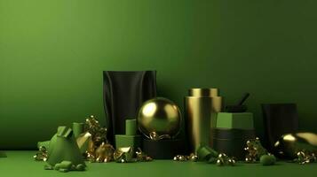 Saint Patrick's Day concept. Top view photo of leprechaun cap present boxes pot with gold coins bow-tie shamrocks and confetti on isolated green background with blank space , generate ai