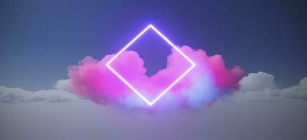 3d render, abstract minimal background with pink blue yellow neon light square frame with copy space, illuminated stormy clouds, glowing geometric shape, generate ai photo