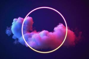 3d render, abstract cloud illuminated with neon light ring on dark night sky. Glowing geometric shape, round frame, generate ai photo