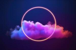 3d render, abstract cloud illuminated with neon light ring on dark night sky. Glowing geometric shape, round frame, generate ai photo