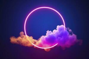 3d render, abstract cloud illuminated with neon light ring on dark night sky. Glowing geometric shape, round frame, generate ai photo