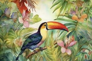 Paint a watercolor landscape of a lush tropical jungle, featuring detailed vegetation and wildlife, such as monkeys, toucans, and exotic flowers, generate ai photo