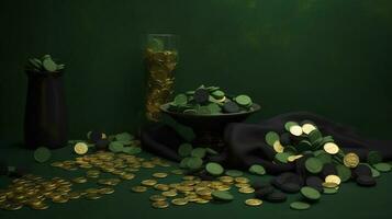 Saint Patrick's Day concept. Top view photo of leprechaun cap present boxes pot with gold coins bow-tie shamrocks and confetti on isolated green background with blank space , generate ai