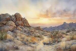 watercolor digital painting of a sunrise in the desert of a mystical planet, pastel colors with clouds and rocks, photo