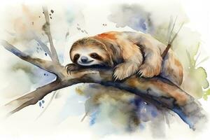 A sloth sleeping on a tree branch watercolor painting, beautiful natural forms, crisp clean shapes, colorful, white background, generate ai photo