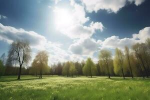 Beautiful blurred background image of spring nature with a neatly trimmed lawn surrounded by trees against a blue sky with clouds on a bright sunny day, generate ai photo