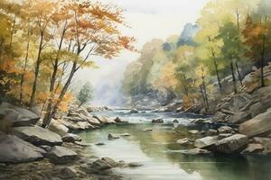 Tranquil mountain scene watercolor painting. Autumn colors on white background , generate ai photo