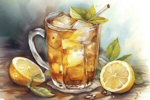 Old Fashioned cocktail in a rocks glass with a Luxardo Cherry watercolor illustration isolated on white background, generate ai photo