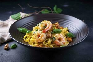 Traditional Italian tagliatelle ai gamberoni pasta with king prawns and herbs served as close-up on a design plate with copy space, generate ai photo