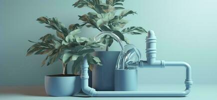 a water pipe showing two pipes, one with water and another with a green plant growing out of it, in the style of rendered in cinema4d, light cyan, and navy, lively nature scenes, generate ai photo