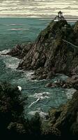 Lighthouse on a rock in stormy weather, generate ai photo