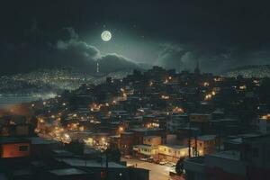 a city skyline with a full moon and city lights, in the style of web Anderson, Sultan Mohammed, Alex Prager, Quito school, cinematic stills, frost punk, glittery and shiny, generate ai photo