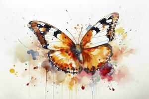 A butterfly resting on a flower petal watercolor painting, beautiful natural forms, crisp clean shapes, colorful, white background, generate ai photo