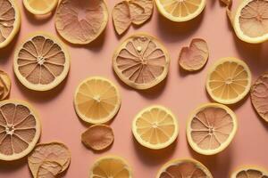 Uniform pattern of dried lemon slices with shadow on a pink background. Flat lay, generate ai photo