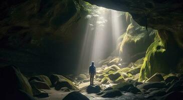 Adventurer in a cave, generate ai photo