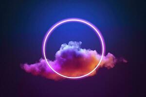 3d render, abstract cloud illuminated with neon light ring on dark night sky. Glowing geometric shape, round frame, generate ai photo