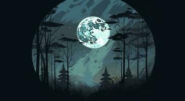 the landscape of a spooky forest at night, in the style of realistic blue skies, whimsical illustration, detailed backgrounds, free brushwork, generate ai photo