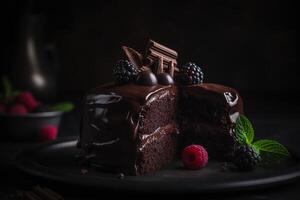 Tasty homemade dark chocolate cake with dark background. photo